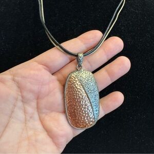 Chico’s Copper & Gunmetal Tone Pendant Black Gold Leather Cords Necklace Jewelry